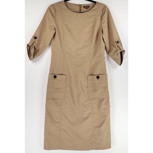 Osborne Dress Womens Beige Medium Front Pockets Roll Tab Sleeve Midi Vintage